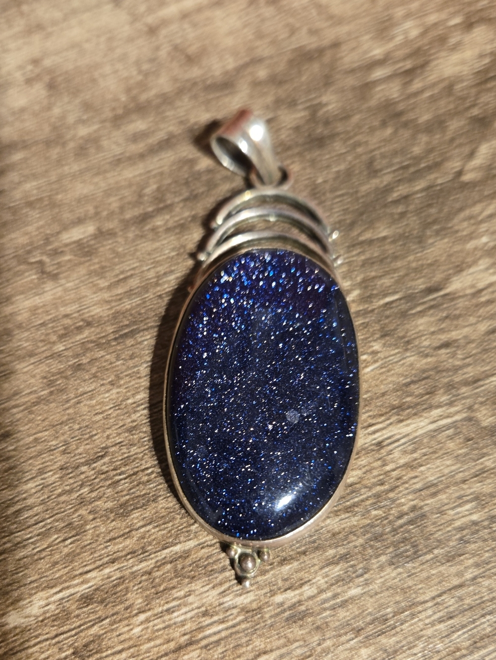 Vintage 925 Sterling Silver Large Blue Goldstone Oval Statement Pendant